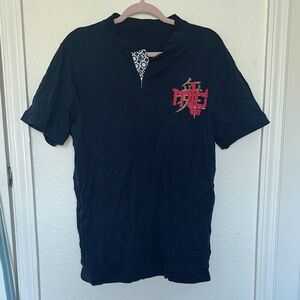 Navy Casual Button Down Shirt with Red Embroidery Maos Last Dancer